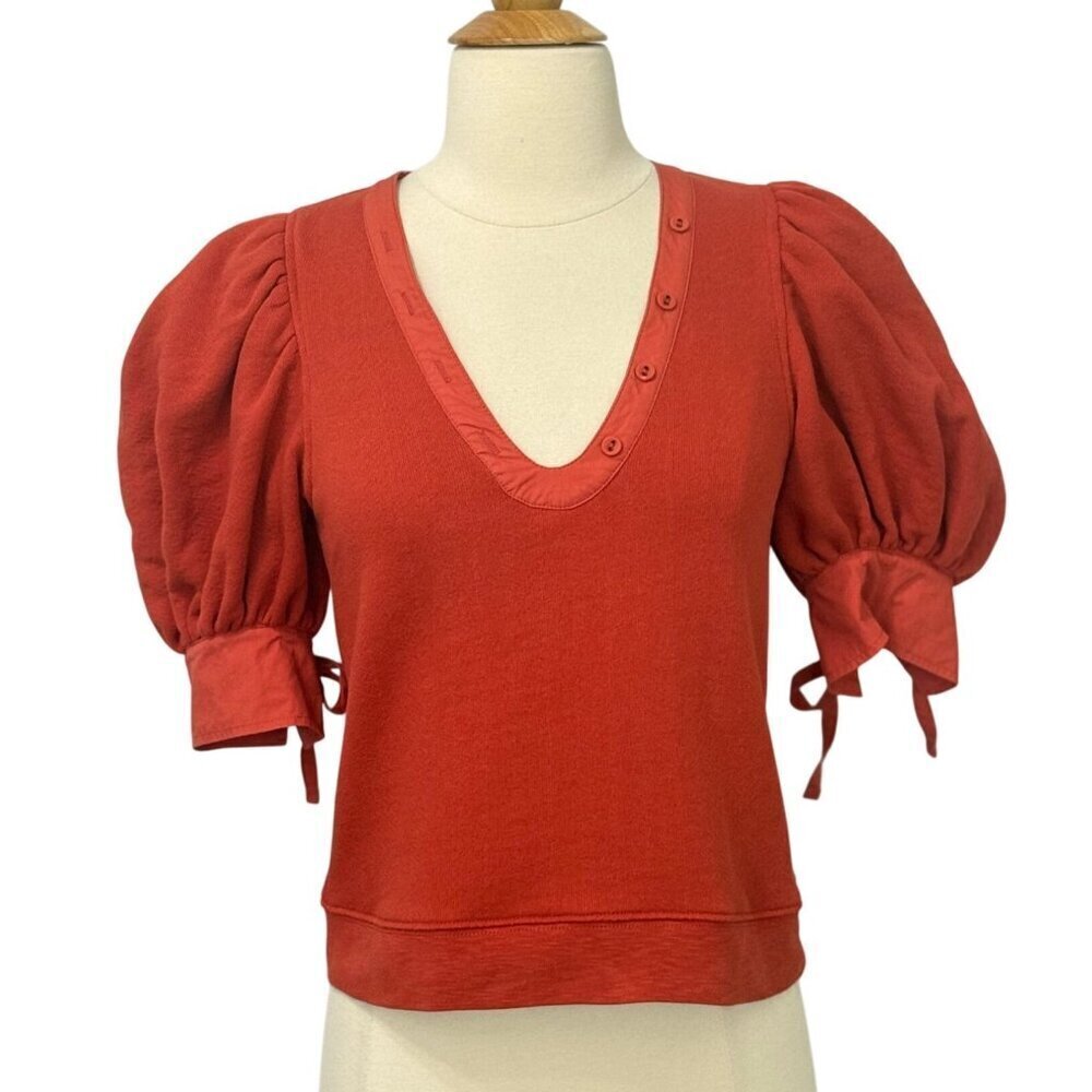 Ulla Johnson Bess Top Puff Sleeve Poplin Trimmed Cotton Bossa Nova Red Size XS - Picture 2 of 11
